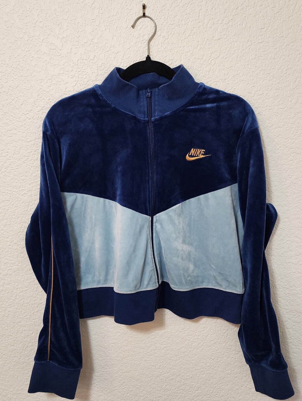 NIKE Large Heritage Velour Cropped Windrunner Track Jacket Blue Gold